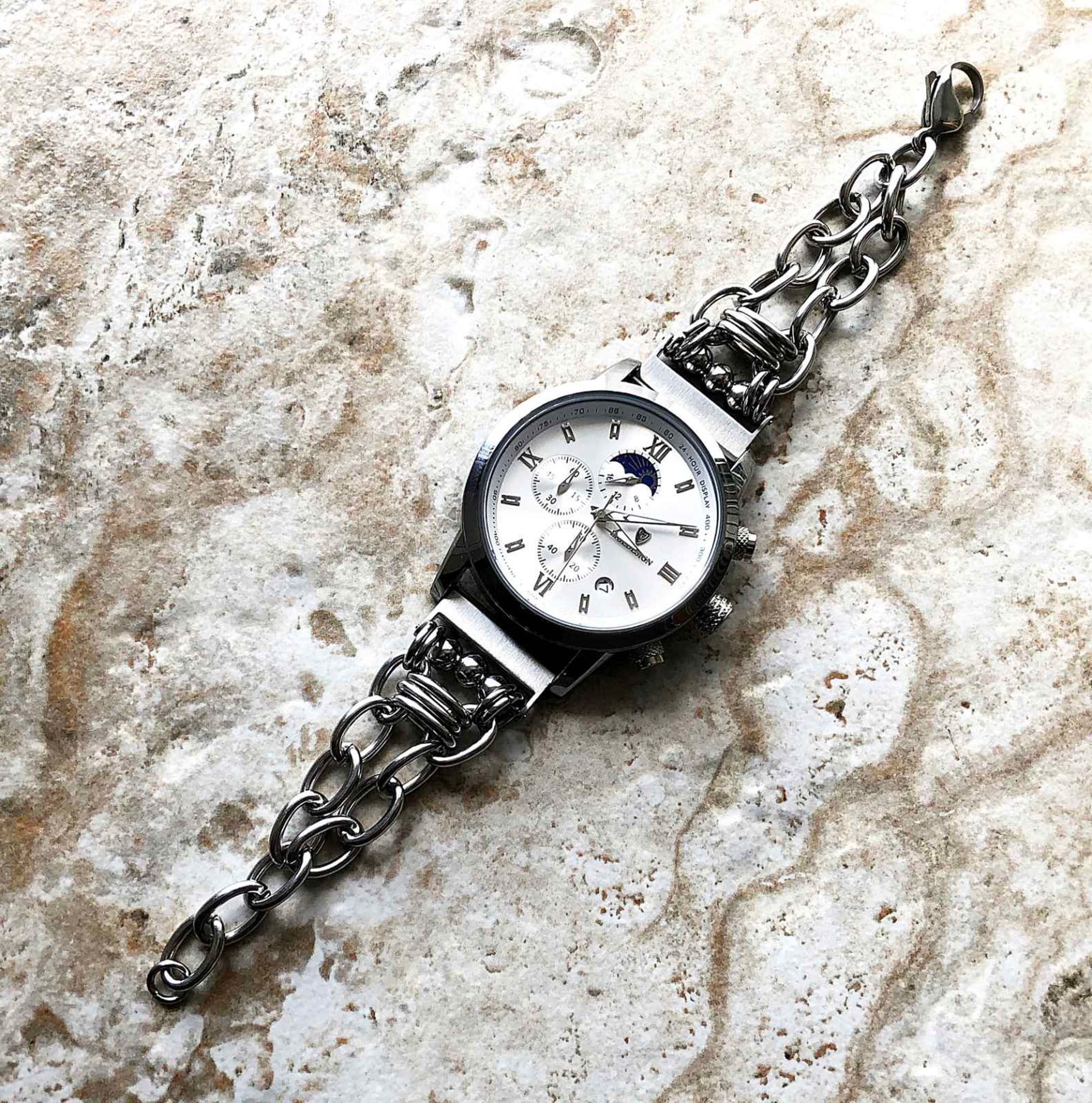 Watch Band 20mm 21mm 22mm 23mm 24mm 25mm 26mm Silver Color Adjustable Bracelet Stainless Steel Chain Links Wrist Casual Luxury Smartwatches